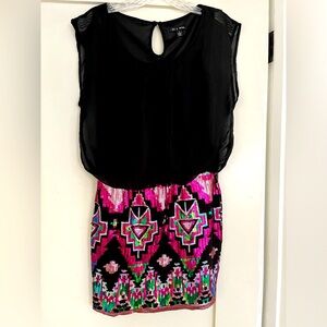 Sparkling Pink and Multi Sequin Overlay mini dress with Black sheer bodice